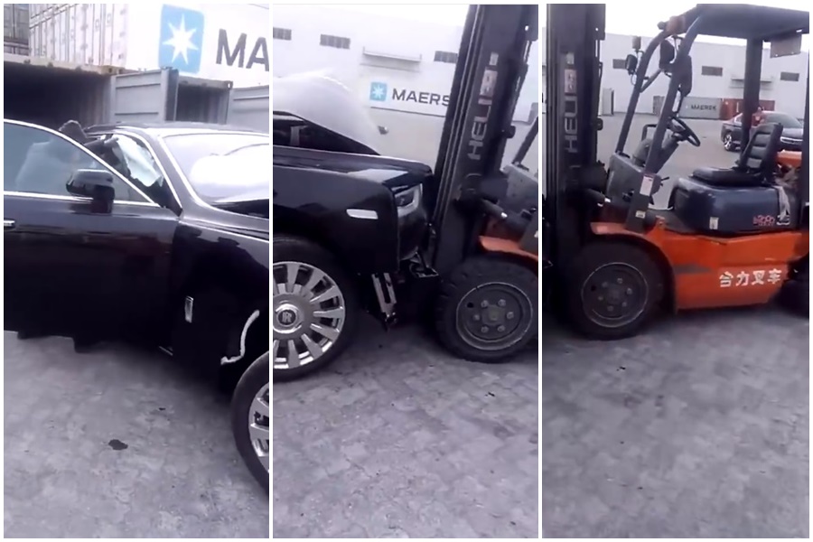 一台斯萊斯幻影汽車，貌似才剛落地離開貨櫃，就和推高機狠狠相撞。（合成圖，翻攝自天津保稅區-嘉裕隆然微博）