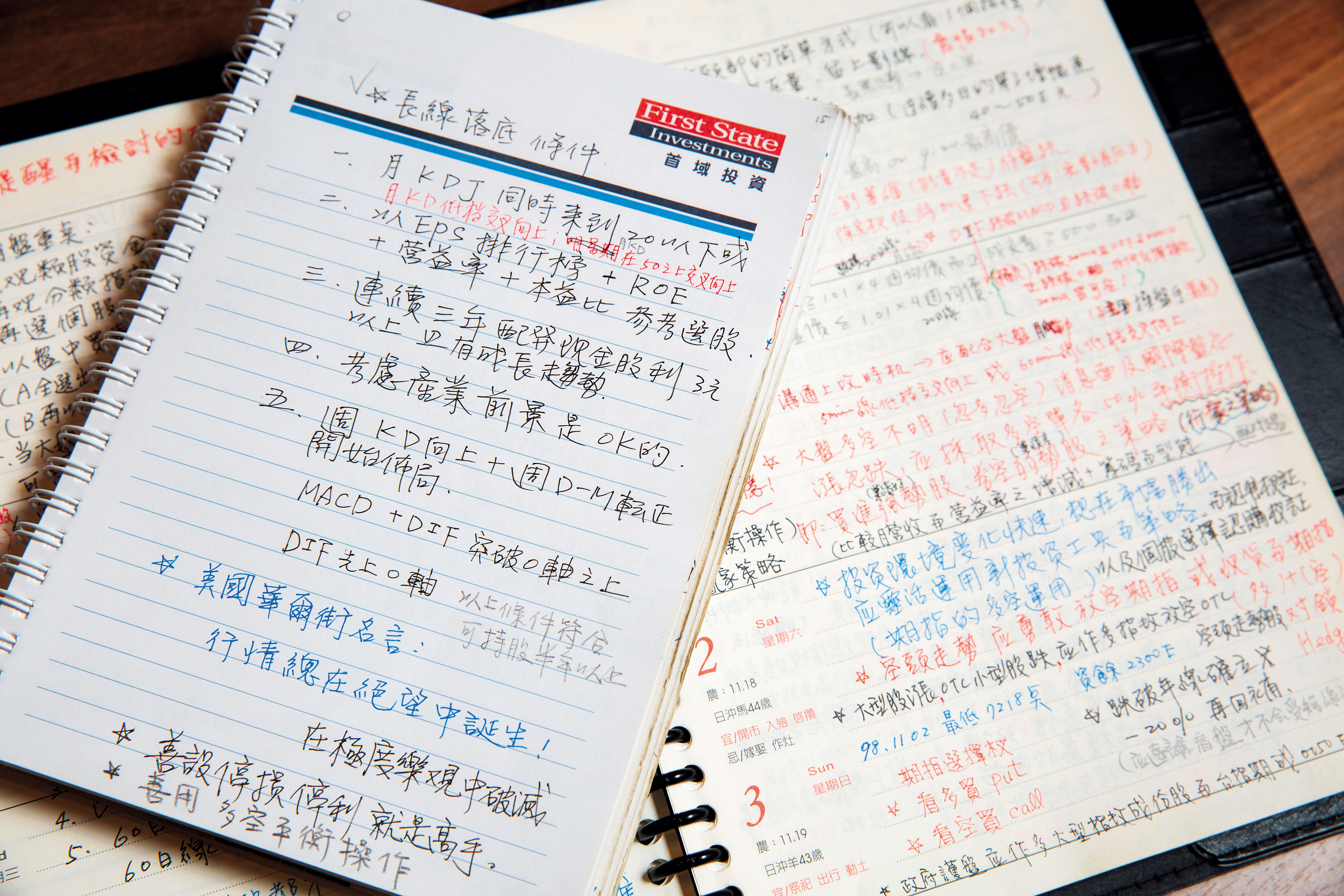 郭勝在林上仁的督促下，每天勤寫投資筆記，甚至製作選股評量表。