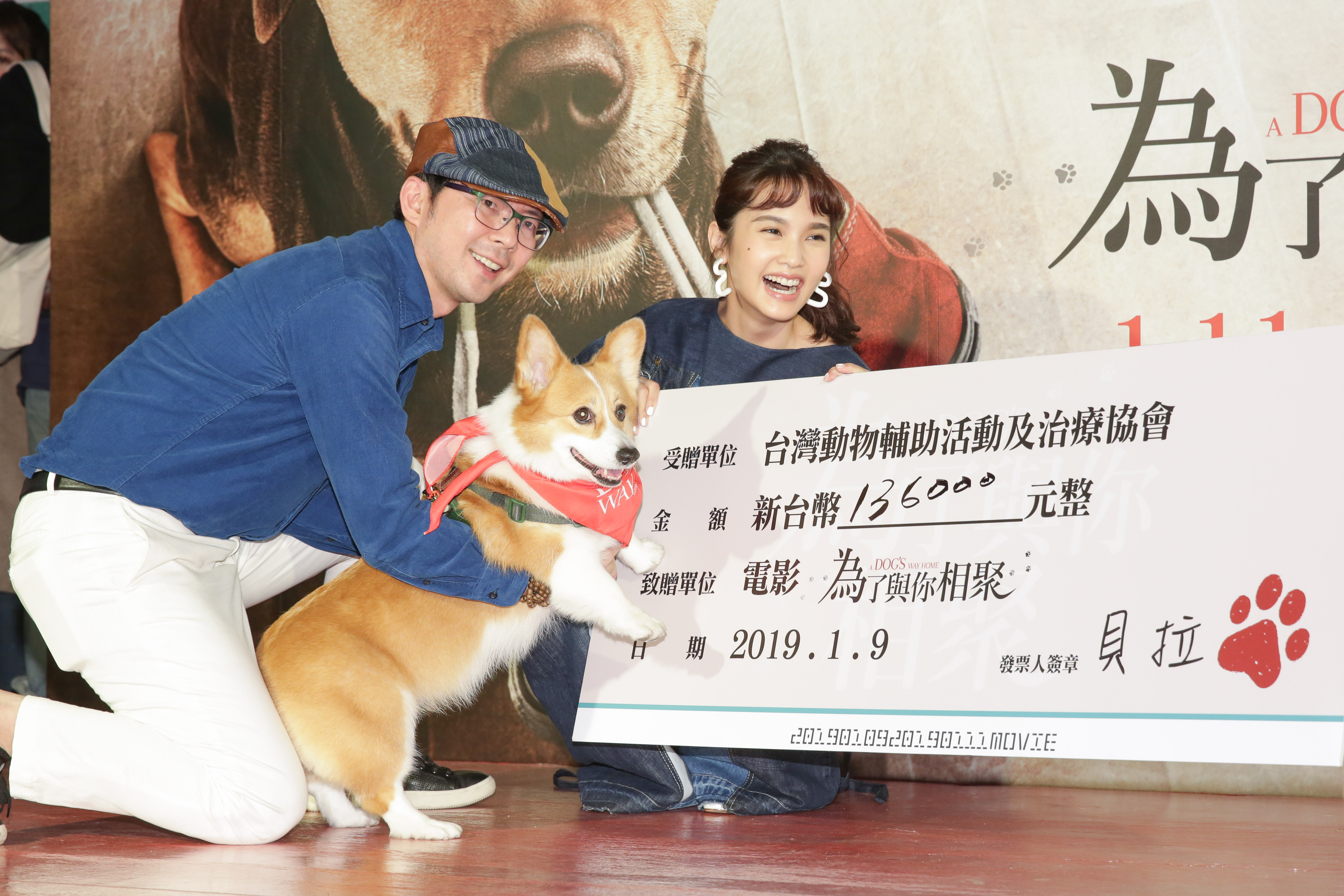 狗明星OLI人氣超旺，萌萌的表情超可愛，還被cue上台在支票上「蓋章」，把楊丞琳逗得超開心。