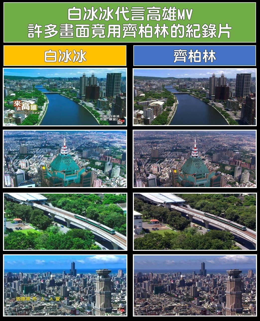 白冰冰自製的高雄觀光歌曲MV,使用許多齊柏林的空拍畫面。翻攝臉書《打馬悍將粉絲團》