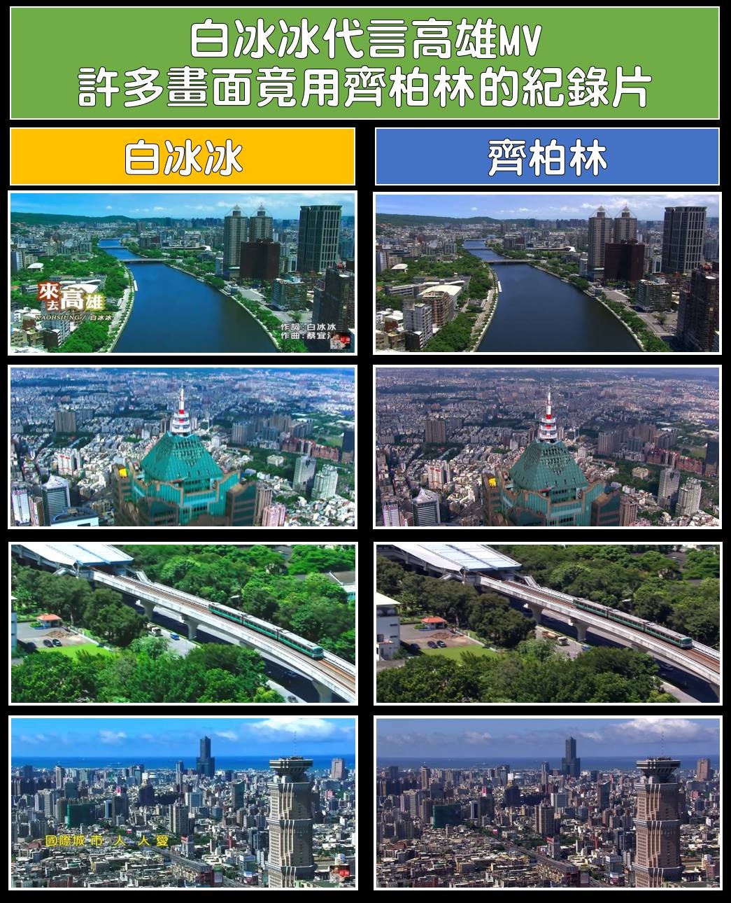 白冰冰自製的高雄觀光歌曲MV，使用許多齊柏林的空拍畫面。翻攝臉書《打馬悍將粉絲團》