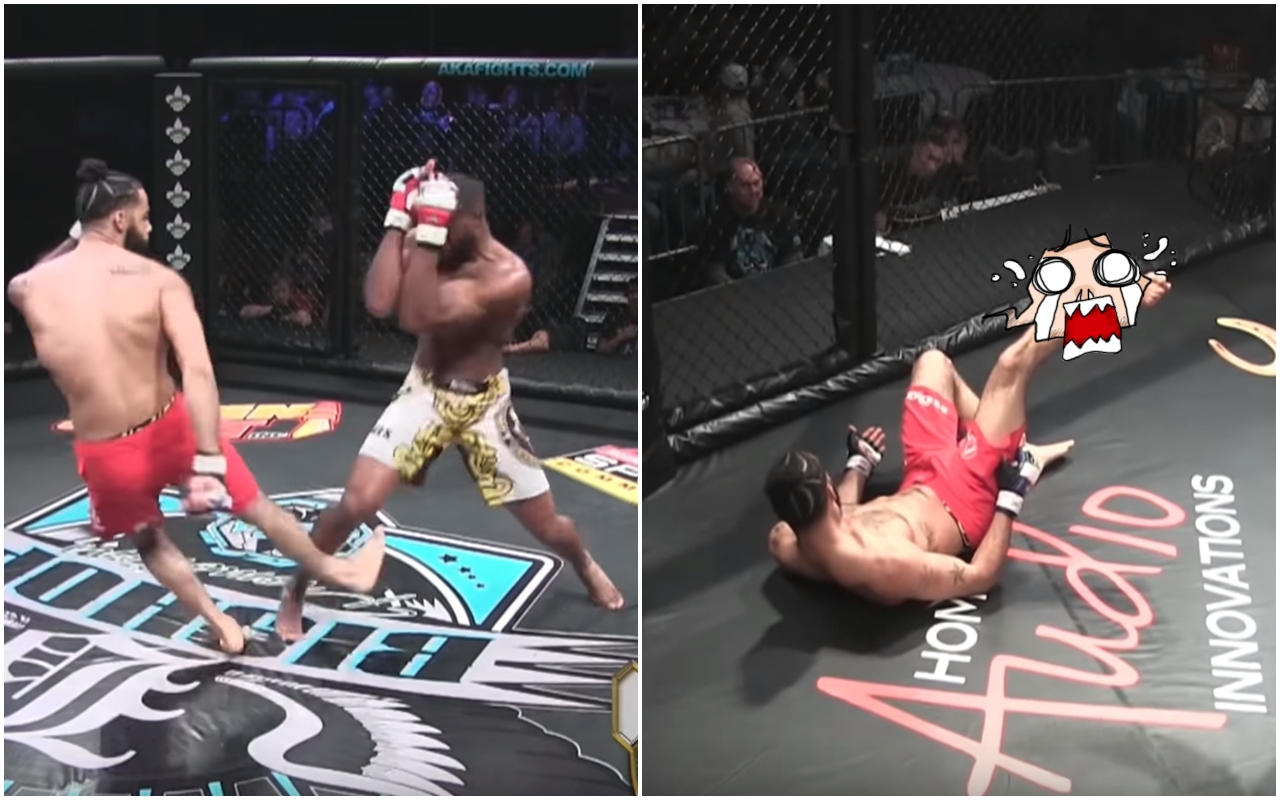 喬納森金右小腿直接折斷，由於重心不穩跌在地上，不到20秒時間就把自己「KO」。（翻攝自YouTube）