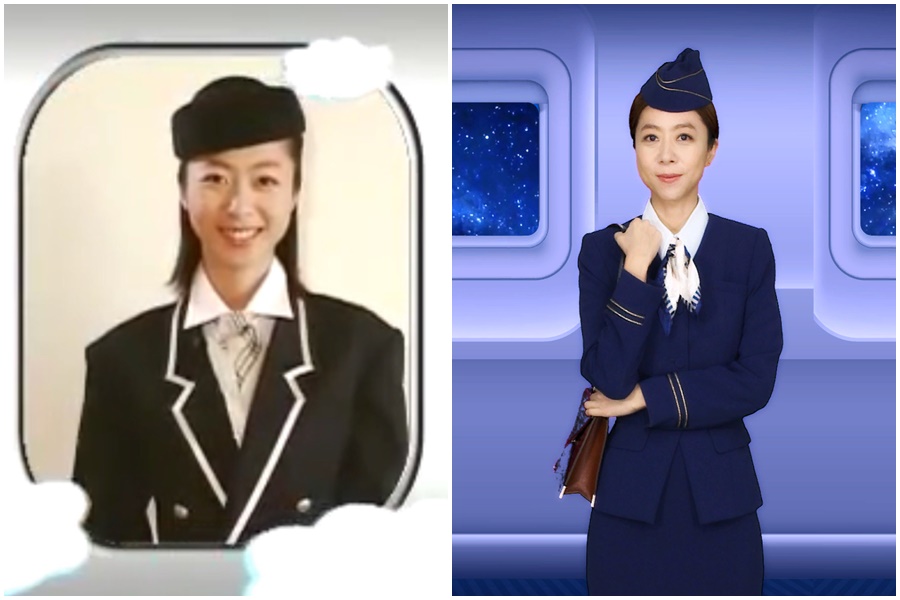 17年前（左圖）和現今（右圖）的陳綺貞空姐造型。（添翼提供）