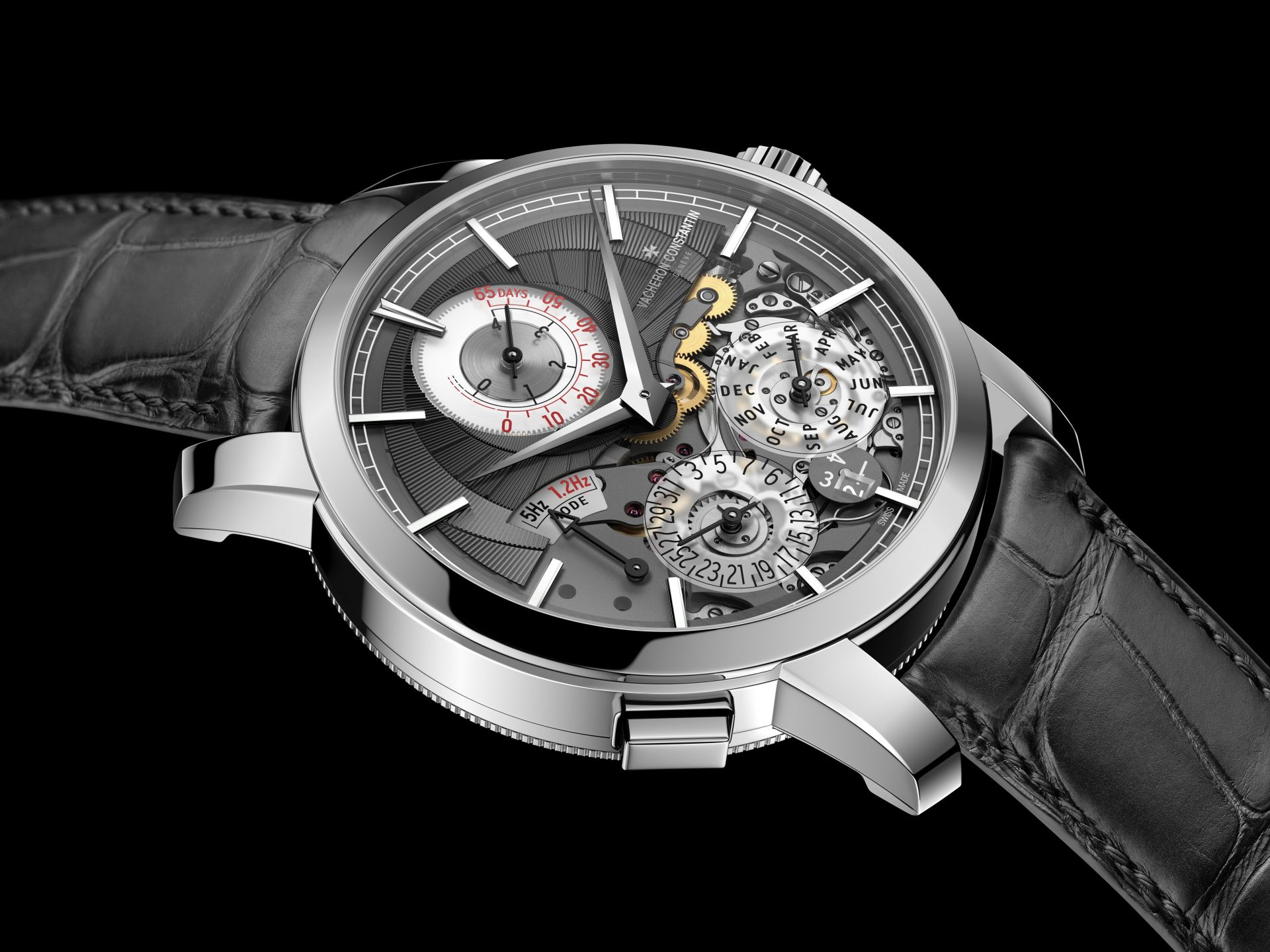 江詩丹頓在SIHH上發表這枚世界首見的萬年曆腕錶，擁有5赫茲與1.2赫茲二種振頻的擒縱結構。二種模式可以自由切換，而利用低頻擒縱擺輪更可以節省動力，手錶可運行達65天，以保持萬年曆的持續運行，無需調校。可以說是錶壇最具創新概念的複雜功能腕錶。功能：時、分指示；萬年曆日期、月分、閏年顯示；動力儲存顯示；雙重運行模式切換；機芯：手上鏈機芯；定價約台幣680萬元。