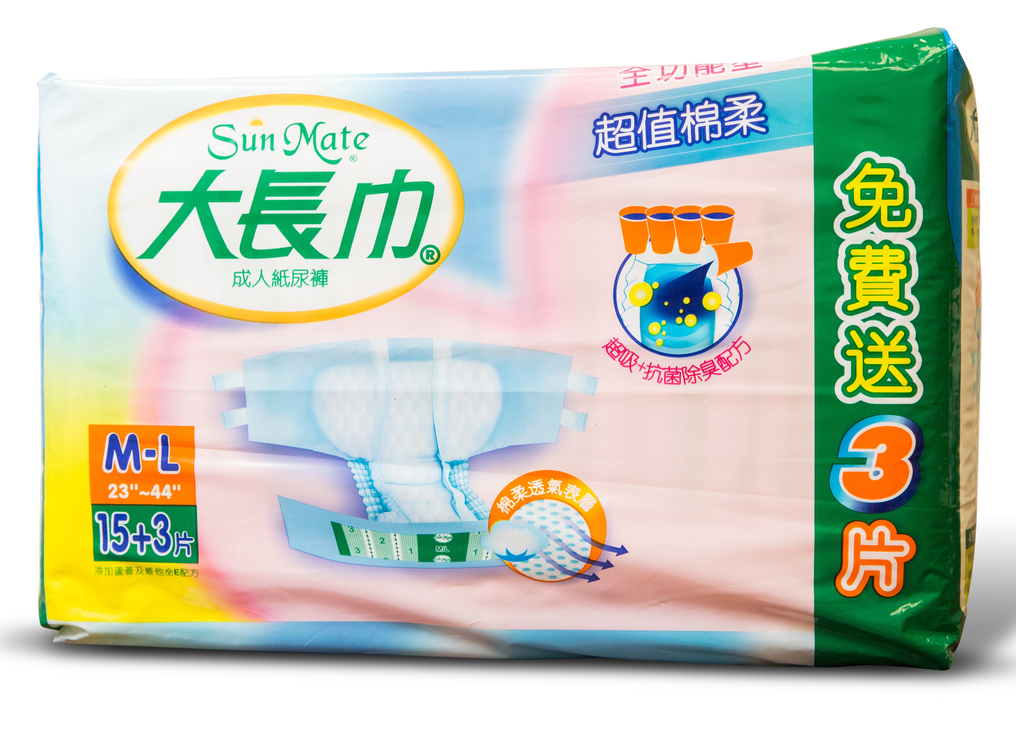 台灣逐漸步入老齡化社會，泰昇以成人紙尿褲品牌大長巾（SunMate）回攻台灣。（209元／包）