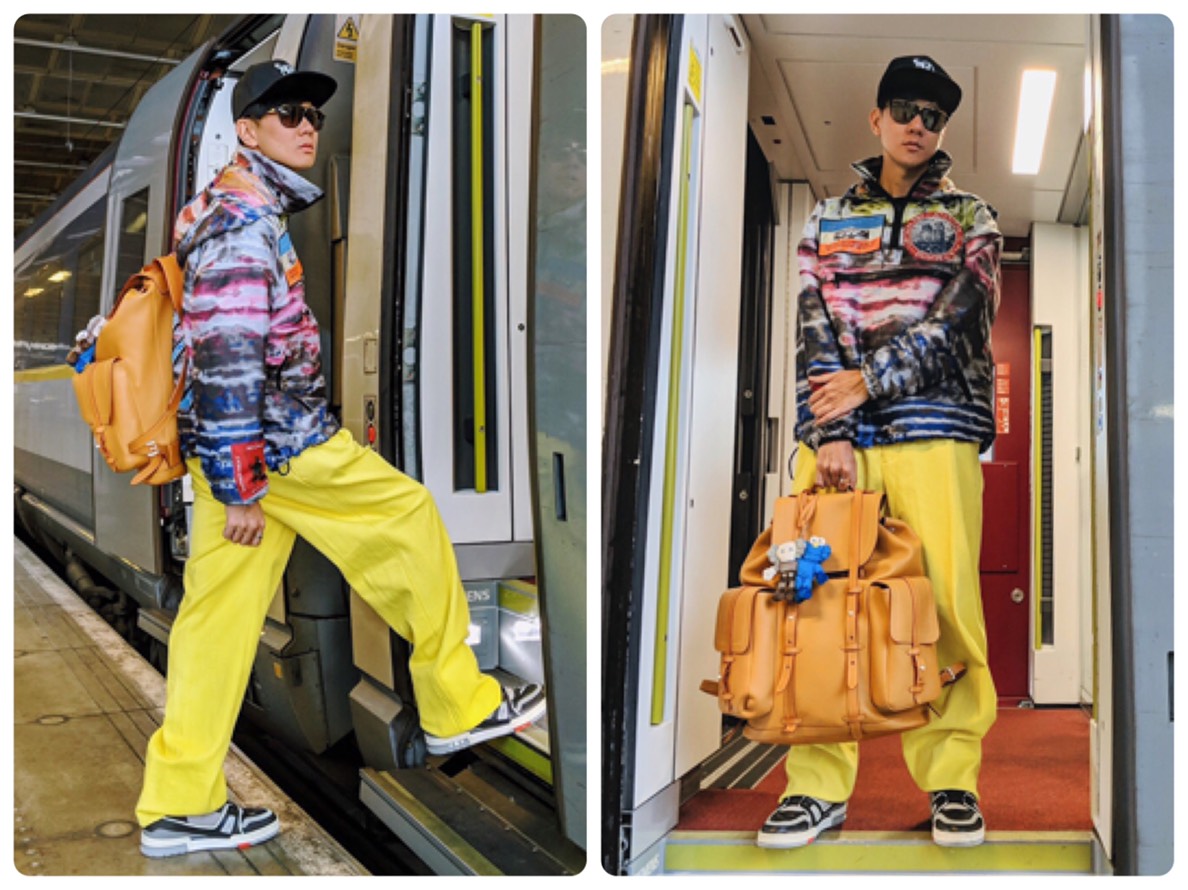 林俊傑抵達巴黎時，穿著LV彩虹紮染與刺繡細節連帽上衣，NT$225,000；黃色寬版長褲，NT$36,300；LV Trainer高筒球鞋，NT$55,000；Christopher後背包，NT$167,000；MASCOT太陽眼鏡，NT$24,400。（品牌提供）