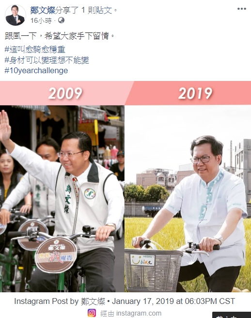 鄭文燦貼出「十年挑戰」照，被網友吐槽「桃園美食太多了！」（翻攝鄭文燦臉書）