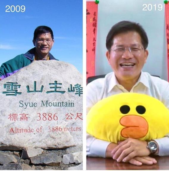交通部長林佳龍的也貼出「十年挑戰」，網友焦點紛紛放在超萌莎莉抱枕上。（翻攝林佳龍IG）