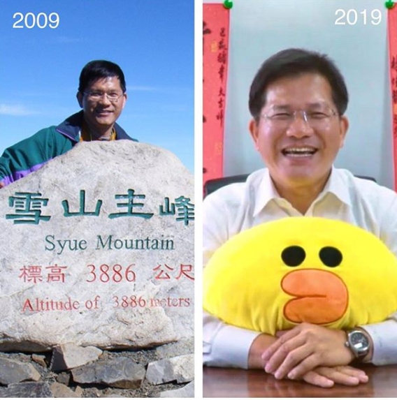 交通部長林佳龍的也貼出「十年挑戰」，網友焦點紛紛放在超萌莎莉抱枕上。（翻攝林佳龍IG）