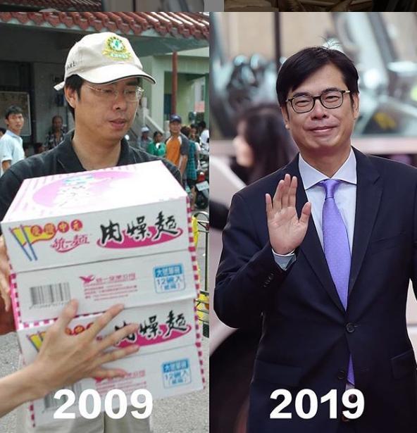 行政院副院長陳其邁跟風玩「十年挑戰」，自嘲「身材有一點點走鐘」。（翻攝陳其邁臉書）