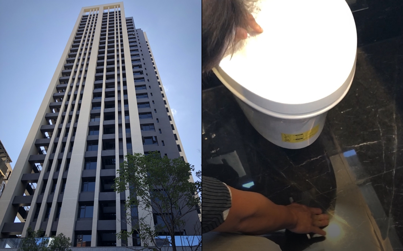 國泰建設的豪宅建案R13馥建築，遭消費者控訴有多處瑕疵，她要求衛浴磁磚變更，但建商全部做錯。（讀者提供）