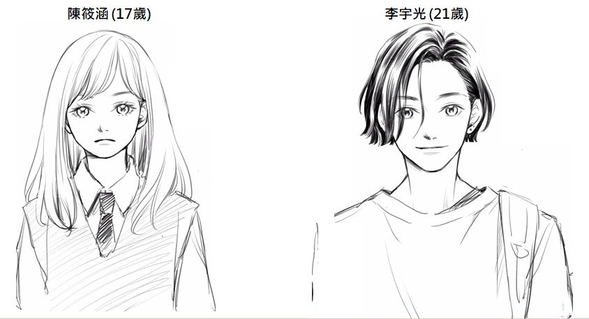 台灣漫畫家柯宥希宣布投入與鏡文學合作「小丑醫生」故事，鏡週刊搶先公開人物設定圖，左為女主角陳筱涵，右為男主角李宇光。（圖：鏡文學提供）