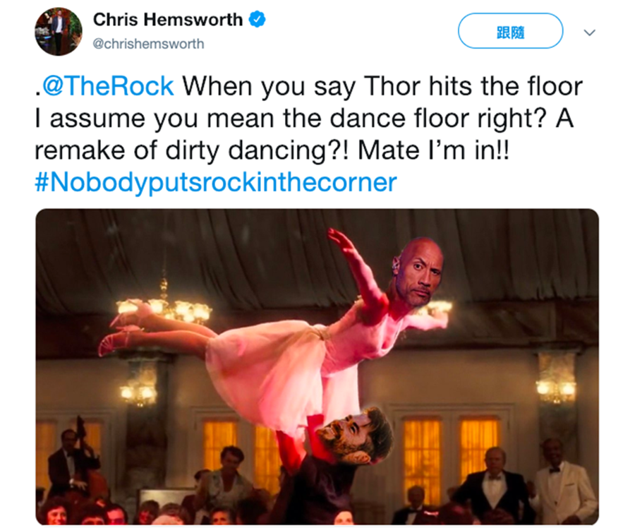 克里斯漢斯沃把巨石強森P圖，宣稱不如一起合拍《熱舞17》。（翻攝Chris Hemsworth推特）