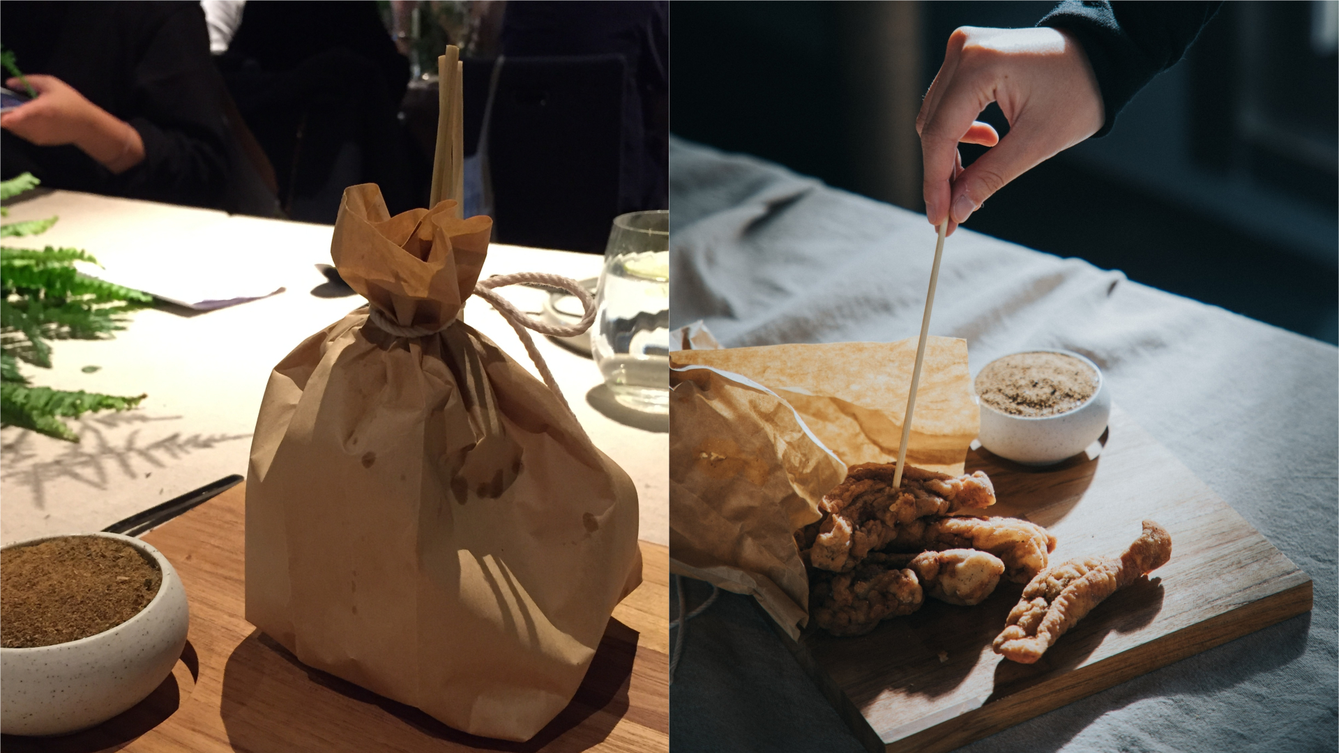 「鹽酥雞－昆布－海帶」模樣和台灣小吃鹽酥雞相似，豪邁撕開紙袋，用竹籤插著吃，是總監James Sharman的堅持。（右圖為The Tavernist提供）