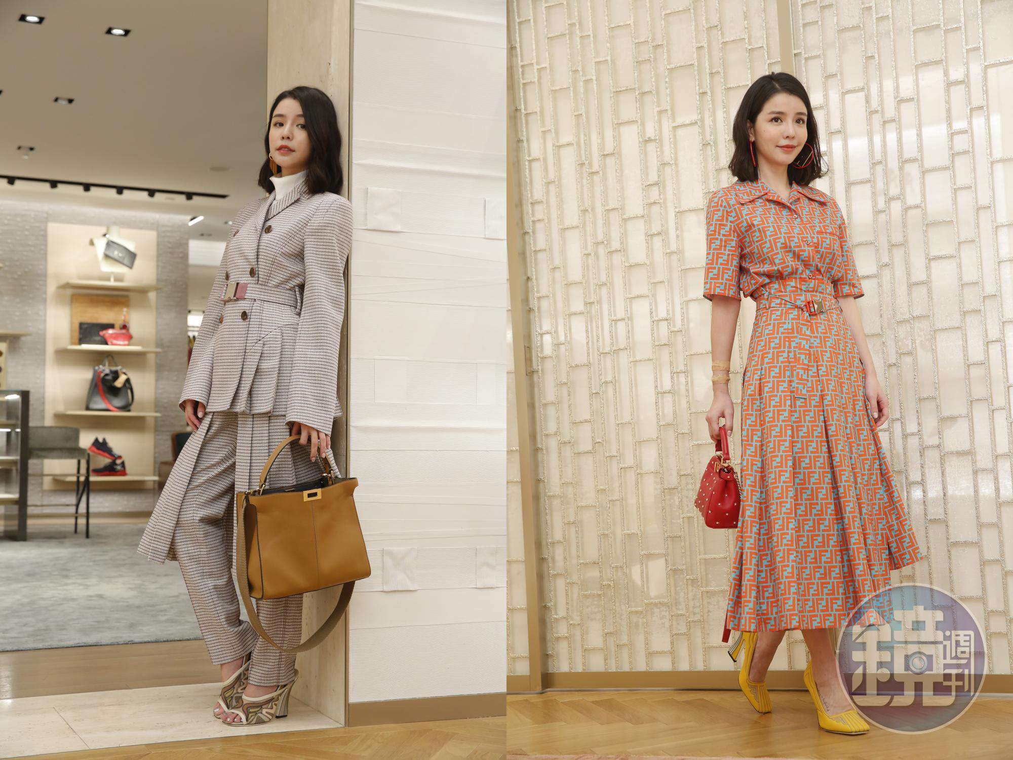 李毓芬穿著〈左〉FENDI格紋外套NT$122,000、格紋褲裙NT$83,900、Peekanoo X-Lite Regular NT$130,000、棕色高跟鞋NT$34,900;〈右〉Logo襯衫NT$32,900、Logo長裙NT$63,900、Peekaboo XS襄星包NT$130,000、黃色高跟鞋NT$30,500。