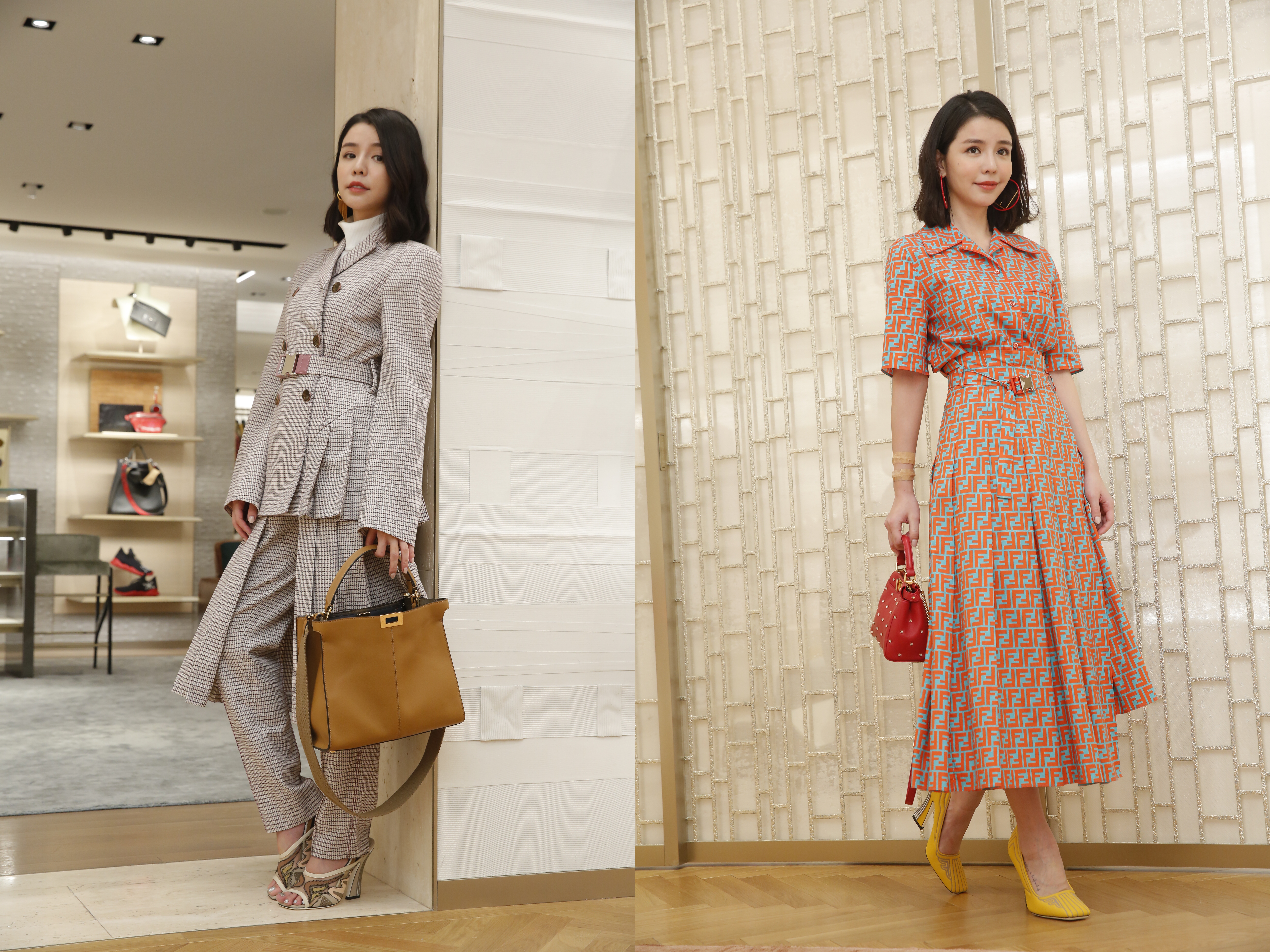 李毓芬穿著〈左〉FENDI格紋外套NT$122,000、格紋褲裙NT$83,900、Peekanoo X-Lite Regular NT$130,000、棕色高跟鞋NT$34,900；〈右〉Logo襯衫NT$32,900、Logo長裙NT$63,900、Peekaboo XS襄星包NT$130,000、黃色高跟鞋NT$30,500。