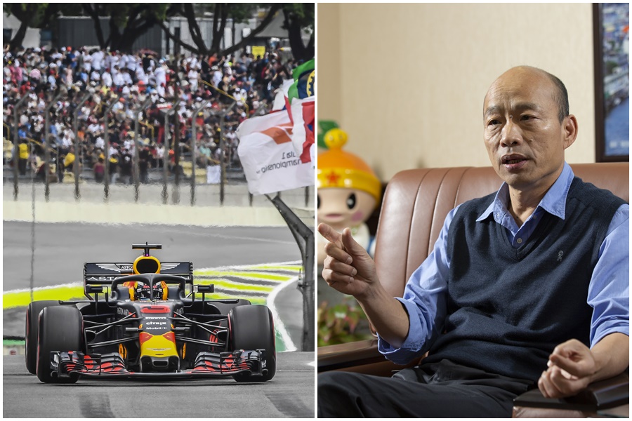 高雄市長韓國瑜(右)日前喊出想引進F1賽車,現在又落空了。(左圖東方IC)