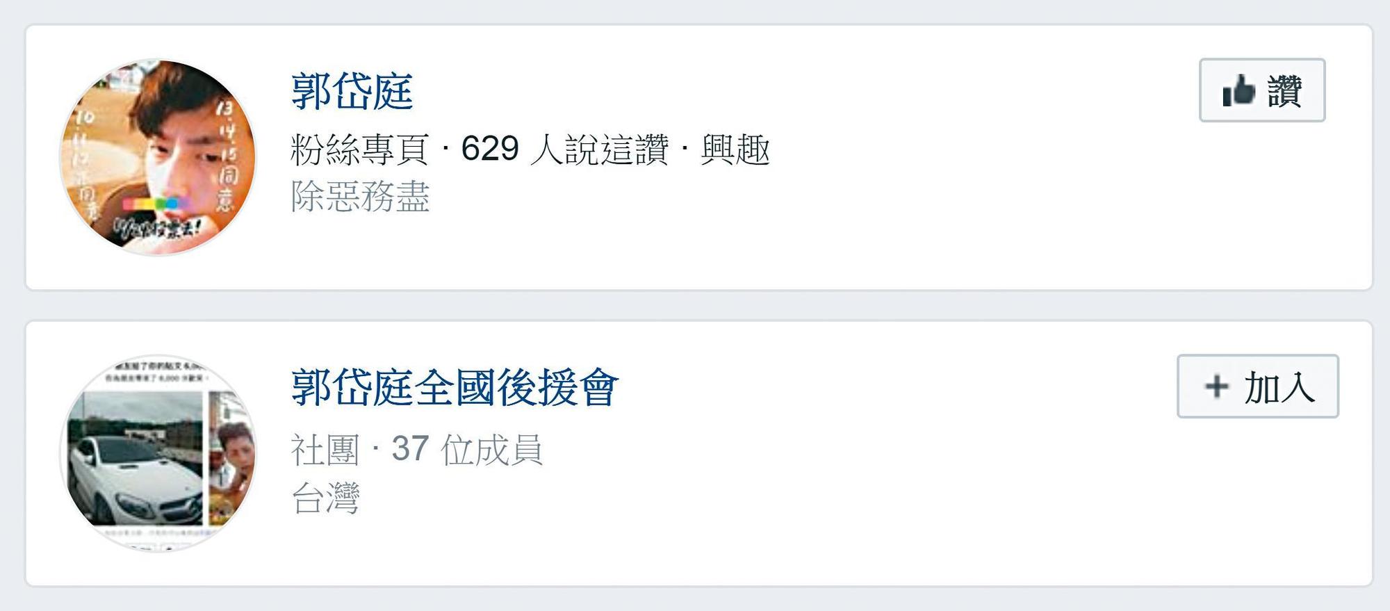 郭岱庭在臉書成立多個後援會,號稱成員眾多,但社團僅37人。(翻攝臉書)