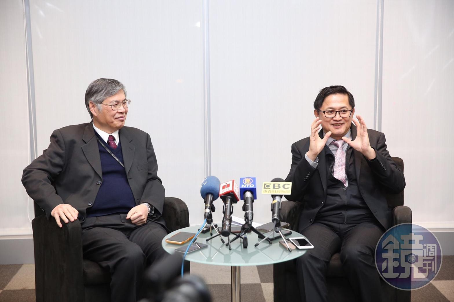 和碩大家長童子賢與執行長廖賜政一起現身尾牙，接受媒體訪問。