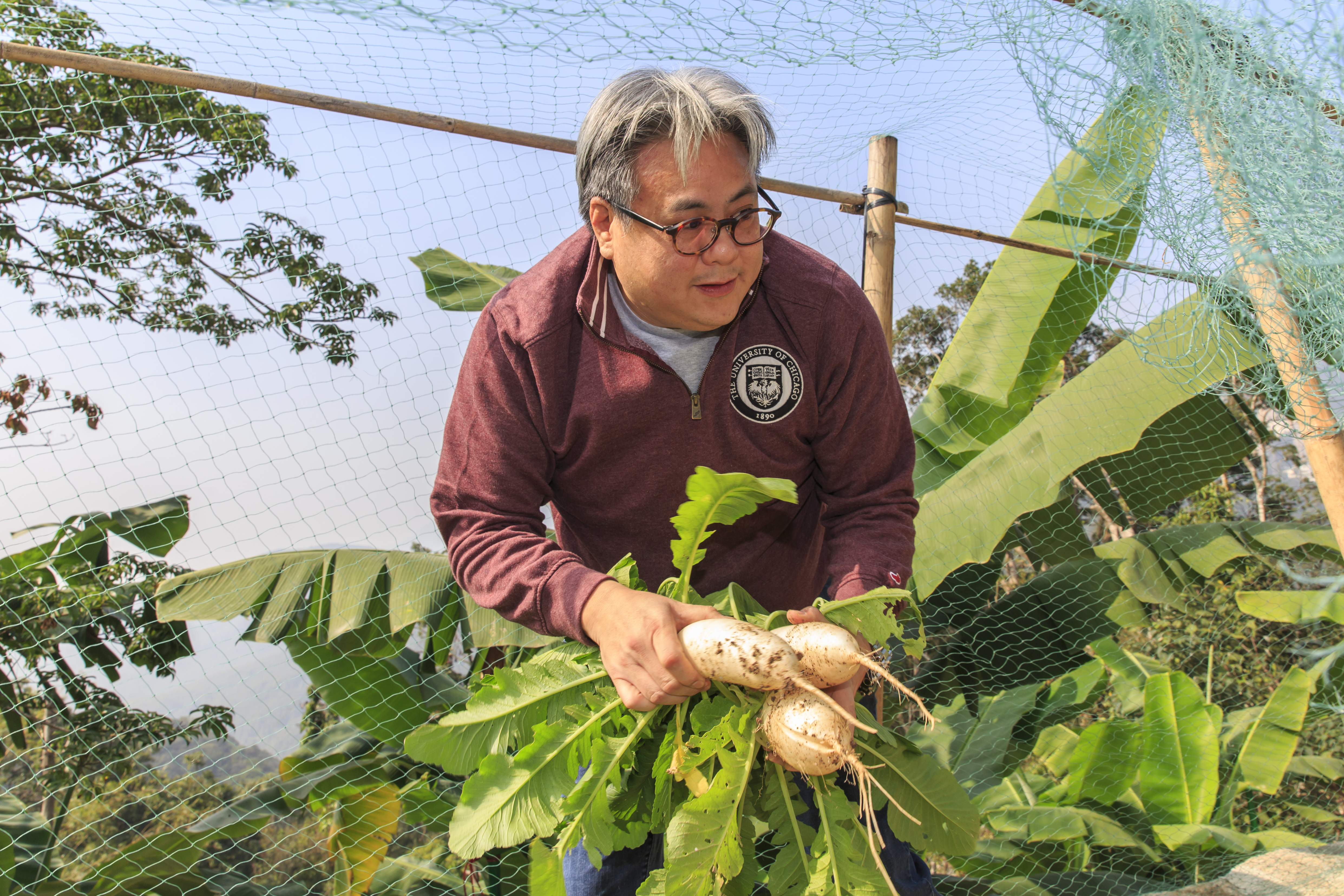 榮鴻慶的孫兒榮康信親自摘菜、拔蘿蔔,在家享受田園樂。