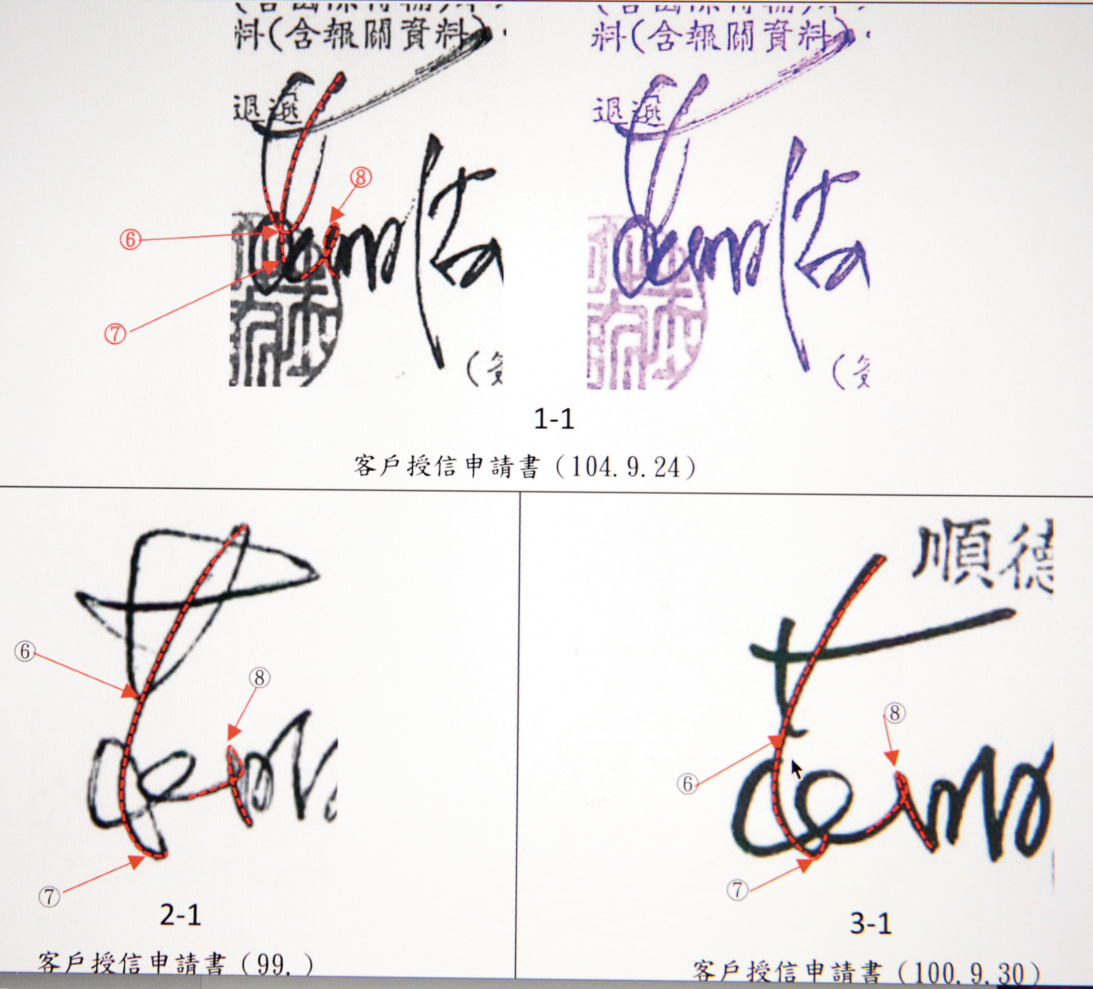 【筆跡】授信申請書上的「莊」字在起筆角度和落筆習慣，與莊明湖的簽名有明顯不同。