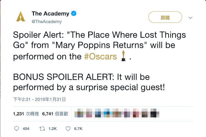 美國演藝學院在推特上表示，《愛‧滿人間》的〈The Place Where Lost Things Go〉會在典禮上演出，至於誰來唱，則是一個神祕的驚喜，擺明了就是要刺激收視率。（翻攝奧斯卡官方推特）