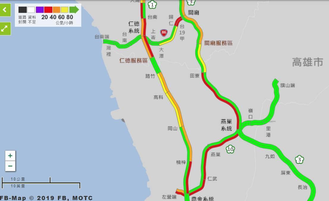 國道南部路段顯示紅色壅塞。(翻攝自高公局網站)