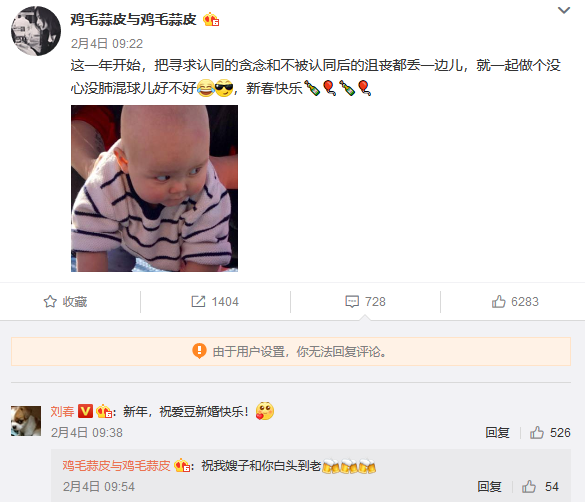 徐靜蕾在微博發文賀年,資深媒體人劉春留言「新婚快樂」引發徐靜蕾與黃立行密婚猜測。(翻攝自徐靜蕾微博)
