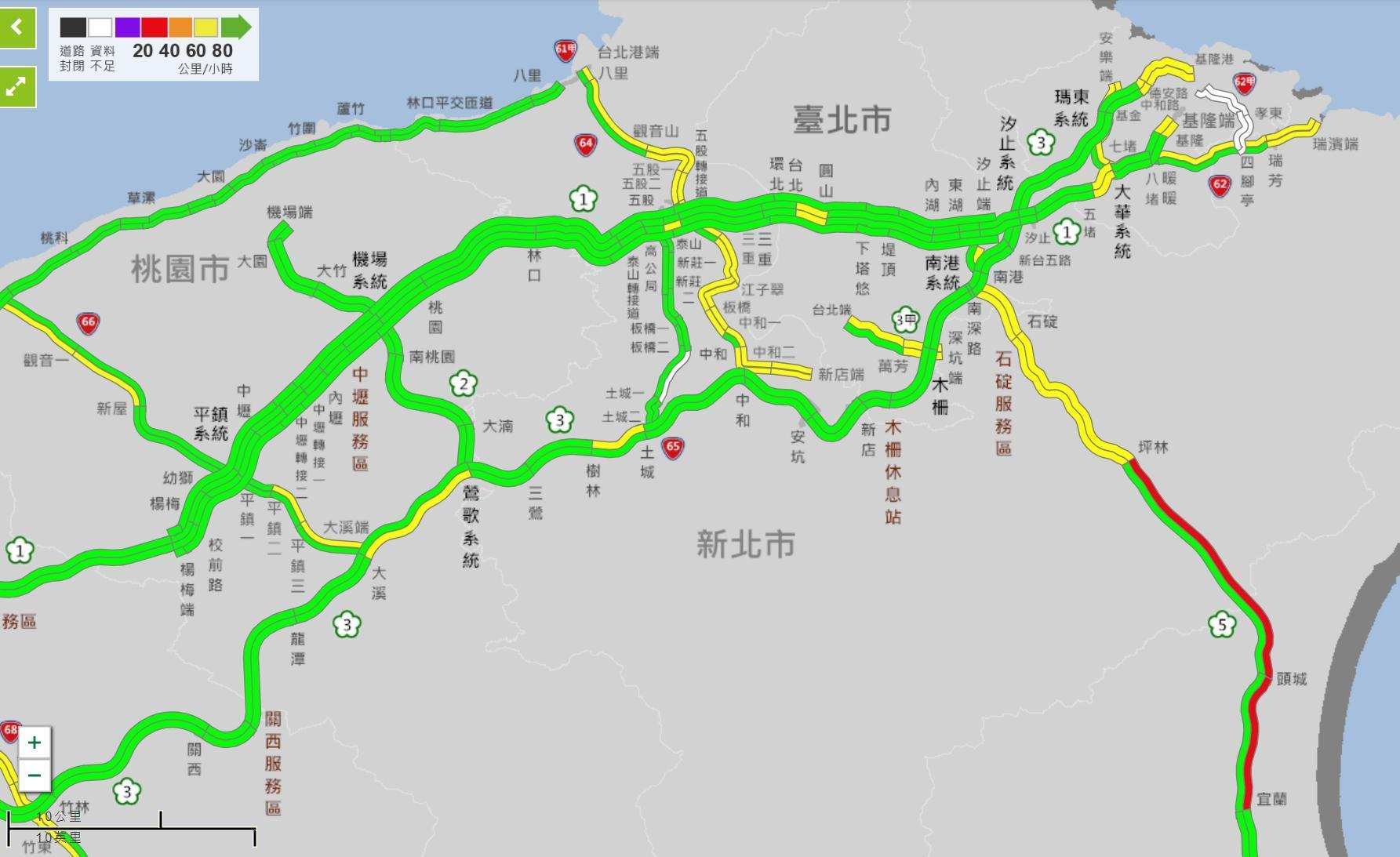 北上宜蘭至坪林時速僅20到40公里,建議民眾改走台9線至坪林,再銜接國5繼續北上。(翻攝自高公局)