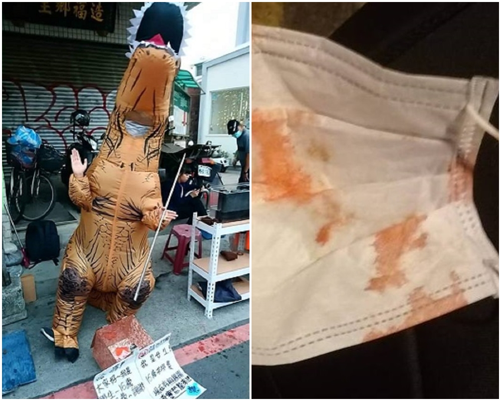 女學生穿著恐龍裝表演籌學費，竟被人揮拳打到見血。（警方提供）