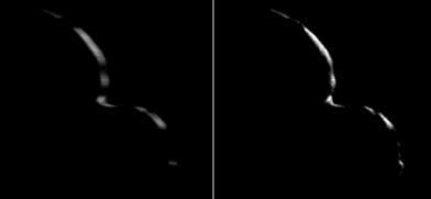 「新視野號」航天器於2019年1月1日拍攝了這張柯伊伯帶天體 Ultima Thule 的照片，當時飛船距離它 8862 公裏。左邊的圖像由 10 張圖片合成（來源：NASA/ JHUAPL / SWRI）