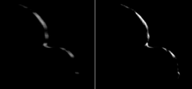 「新視野號」航天器於2019年1月1日拍攝了這張柯伊伯帶天體 Ultima Thule 的照片,當時飛船距離它 8862 公裏。左邊的圖像由 10 張圖片合成(來源:NASA/ JHUAPL / SWRI)