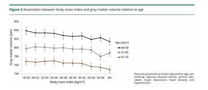 體重指數與灰質體積相對於年齡的關係圖。(Association of body mass index and waist-to-hip ratio with brain structure)