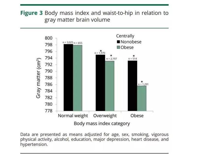 身體質量指數及腰臀圍與腦灰質體積的關係。(來源:Association of body mass index and waist-to-hip ratio with brain structure)