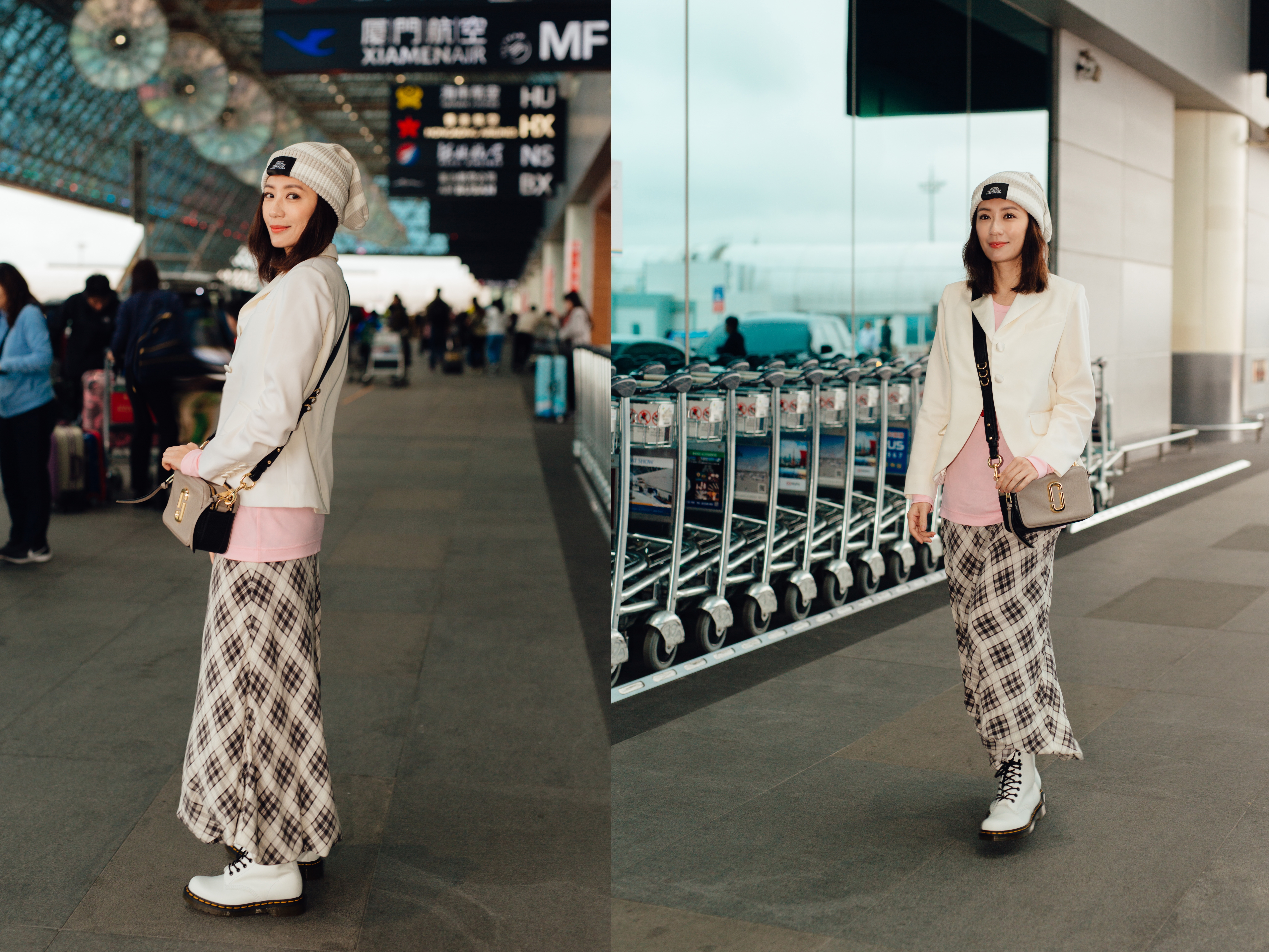 賈靜雯穿著Marc Jacobs白色西裝外套NT$24,900、大腳紳士刺繡粉色上衣NT$22,900、格紋長洋裝NT$22,900、白色針織帽NT$4,390、白色馬汀大夫鞋NT$9,990。〈Marc Jacobs提供〉
