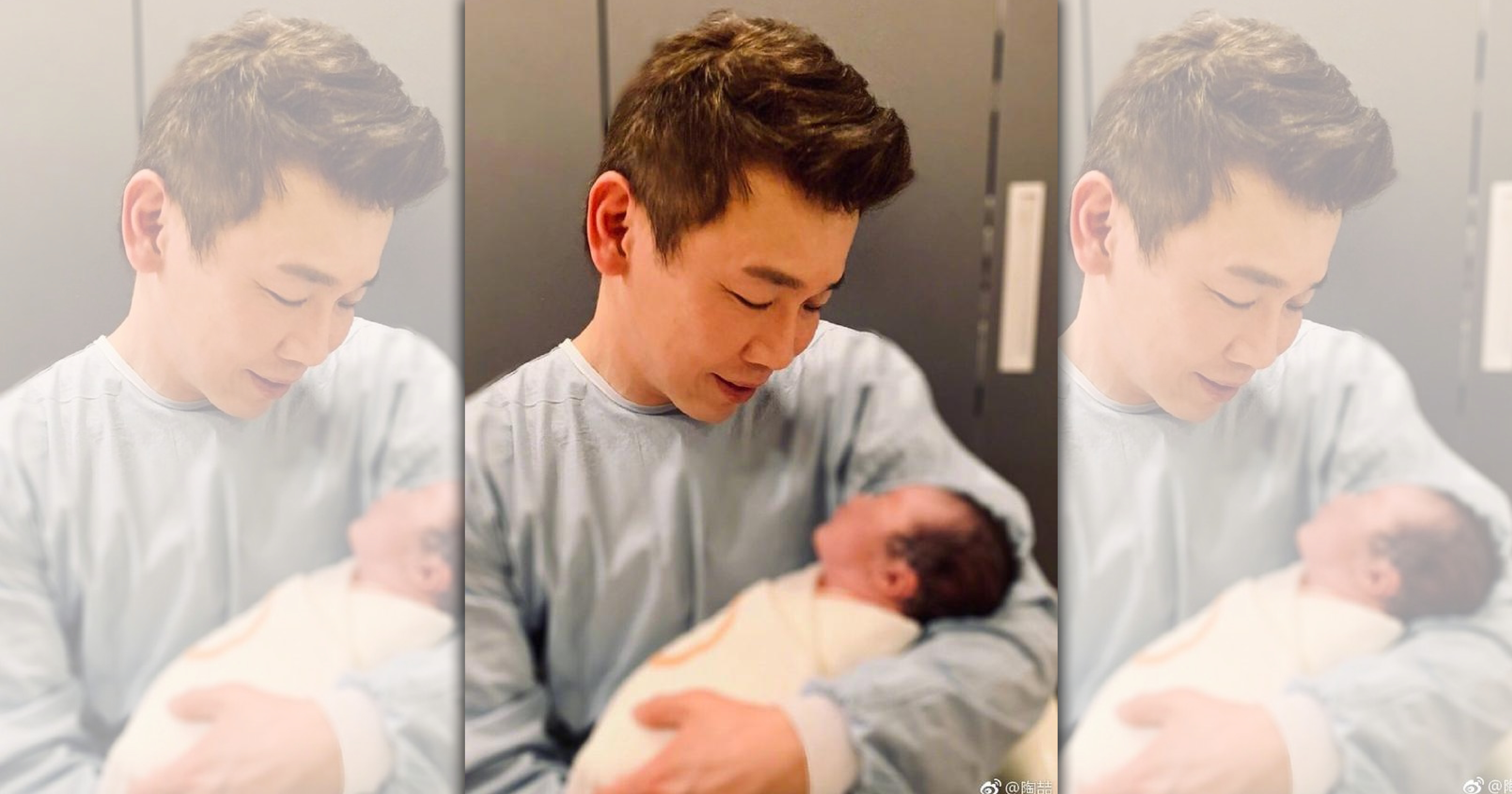 陶喆抱著剛出生的兒子，非常寶貝。（翻攝陶喆微博）