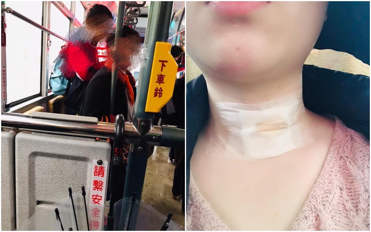 有名女網友因甲狀腺有傷口坐博愛座，沒想到卻遭歐巴桑不斷羞辱，甚至搖頭狠酸「沒救了」。（翻攝自臉書爆怨公社）