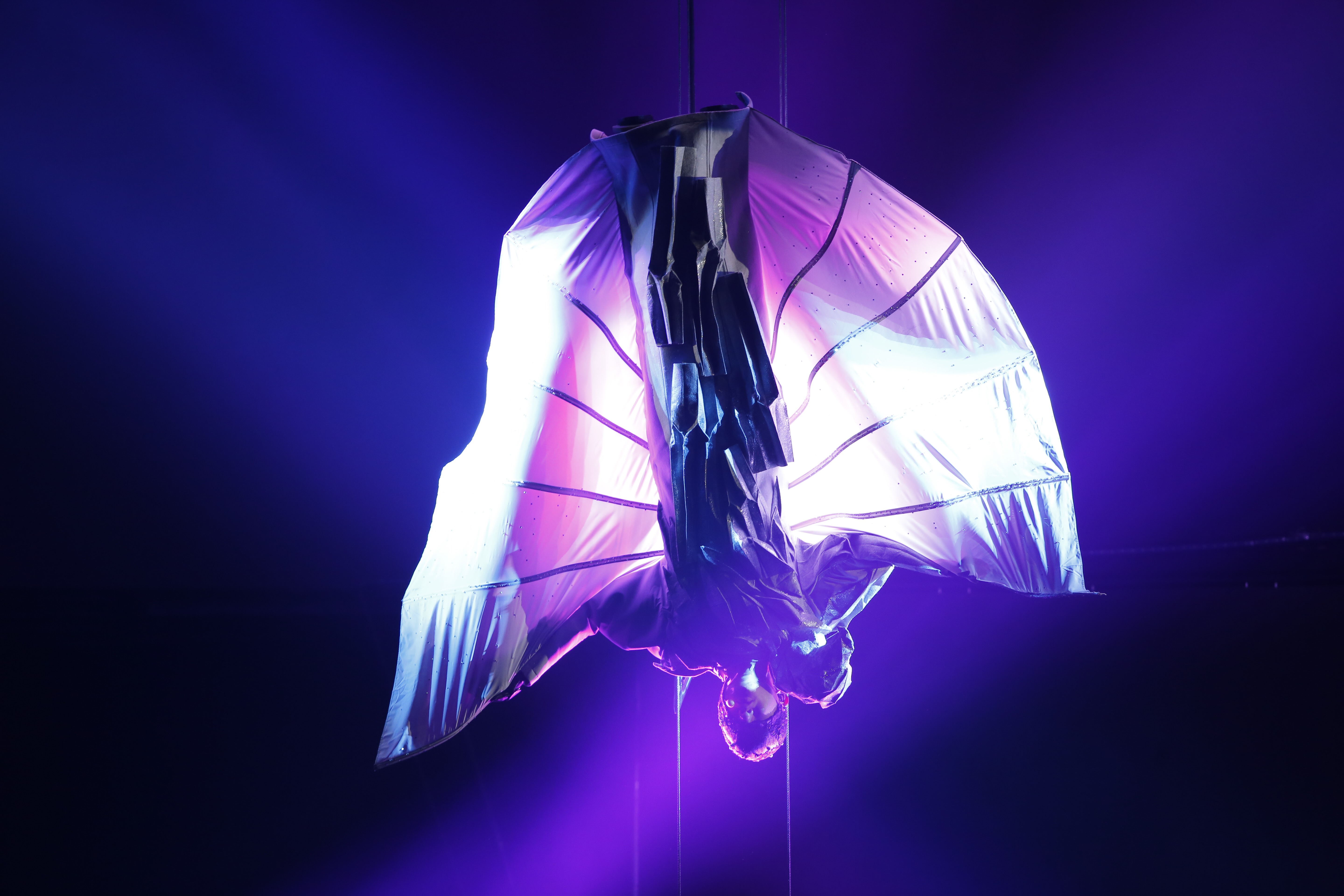 JJ今晚演唱會開場，以高難度的倒吊姿態進場。