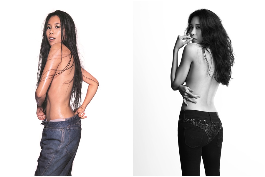 一雙纖長美腿和苗條身材是莫文蔚多年來的招牌，她在鏡頭前脫掉上衣、背部全裸，穿著她自己設計的緊身牛仔褲（右圖）入鏡。（莫家寶貝工作室提供）