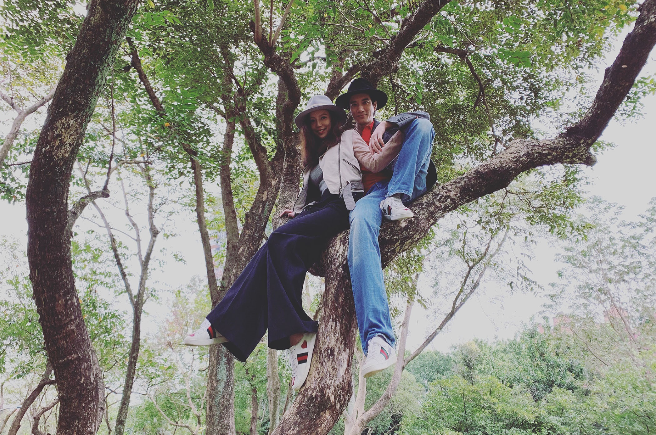 王力宏PO出跟老婆李靚蕾在大安森林公園爬樹的照片送上情人節祝福。（宏聲音樂提供）