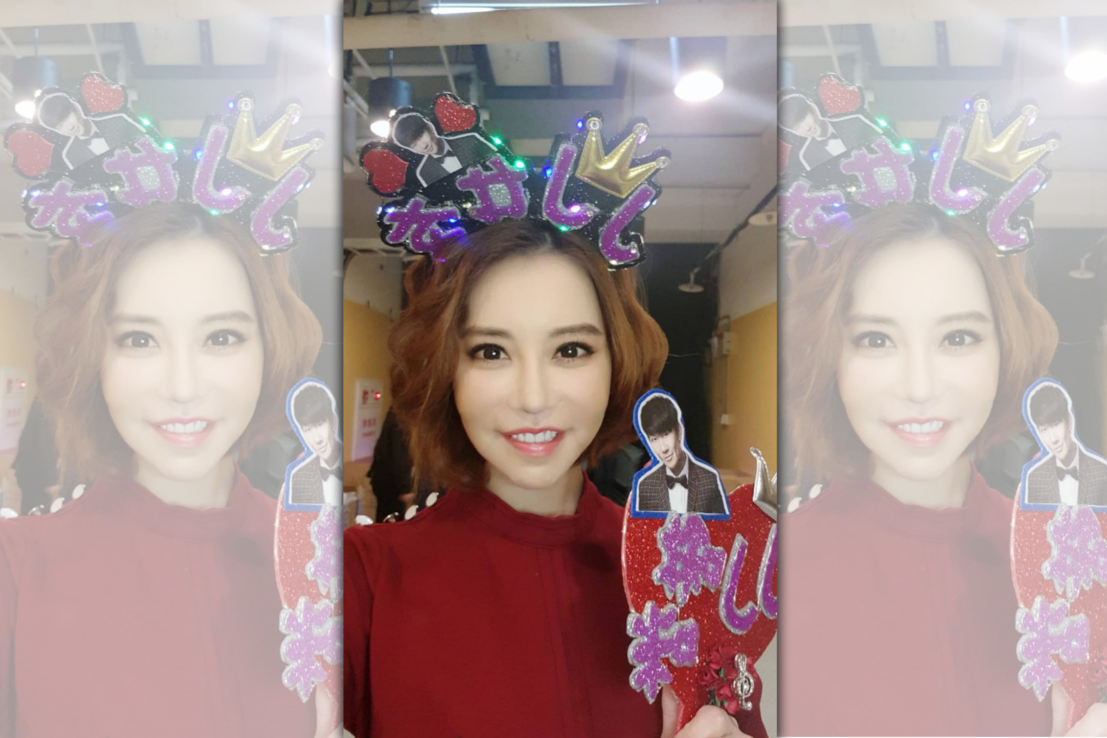 斯容去看林俊傑演唱會特製「JJ女友」髮箍、手持「JJ揪咪」手扇行頭。(東森購物提供)