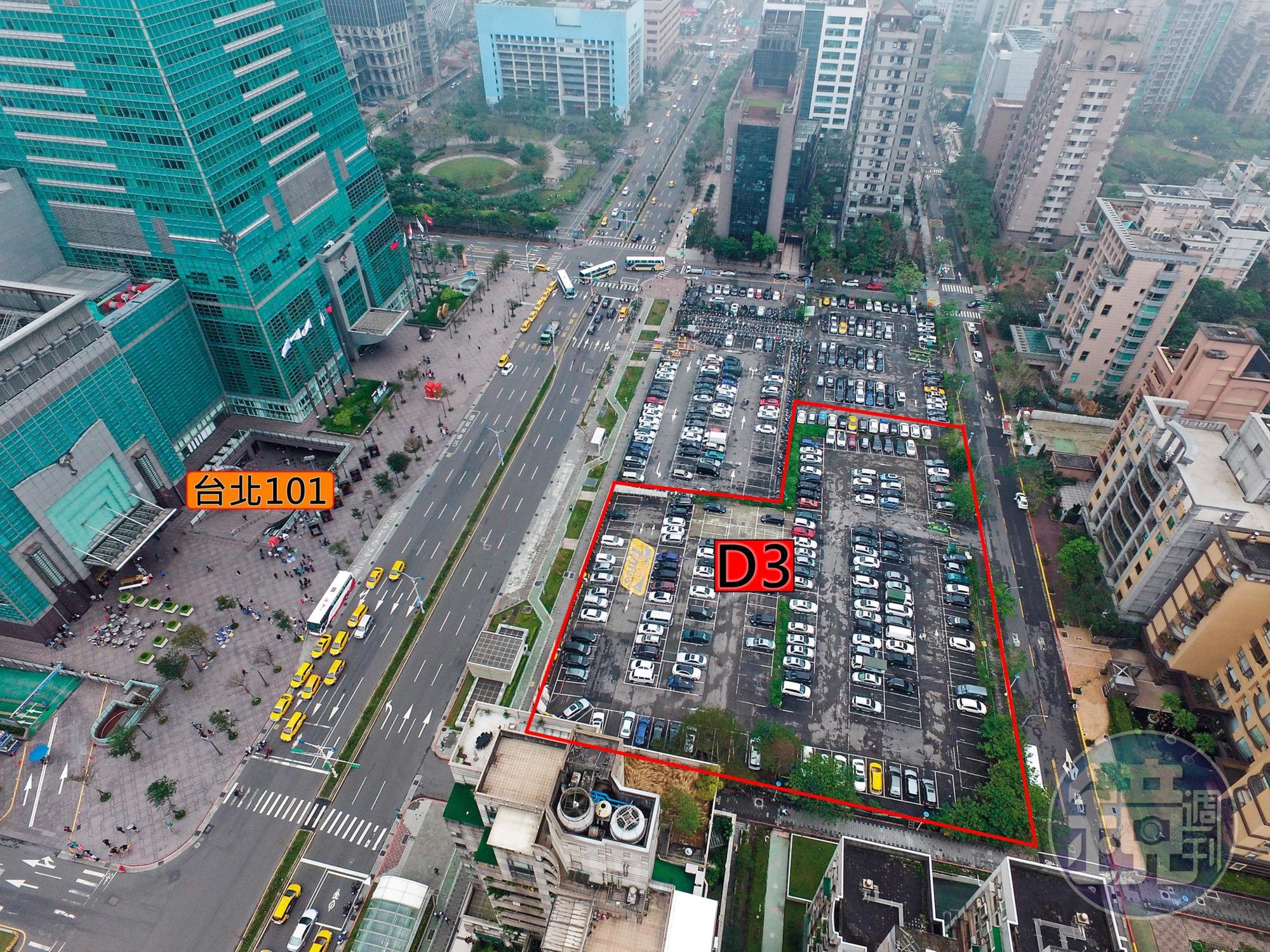 D3土地（紅框處）位在台北101大樓正對面，占地1,500坪，因幸福人壽掏空案淪為法拍地，市值超過百億元，開發利益龐大。