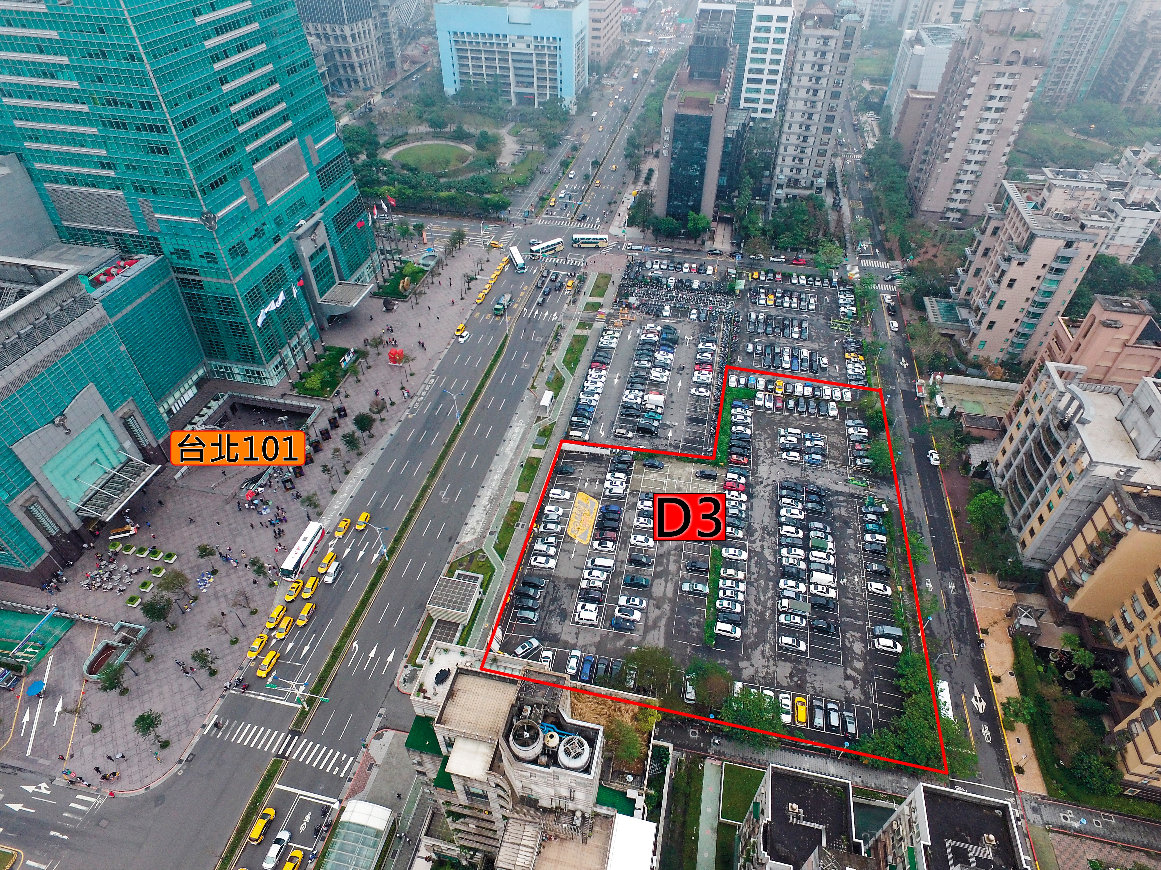 D3土地（紅框處）位在台北101大樓正對面，占地1,500坪，因幸福人壽掏空案淪為法拍地，市值超過百億元，開發利益龐大。