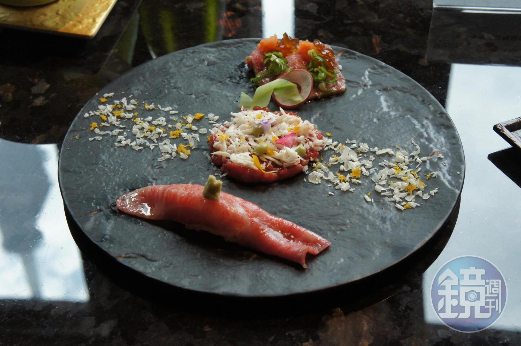套餐第二道「和牛生牛肉三種盛合」,品嘗的都是生牛風風味。