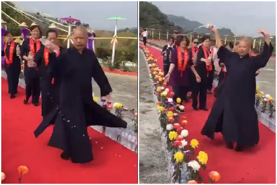 惠嚴法師灑水淨化的過程，引發熱議。（翻攝自惠嚴法師臉書）