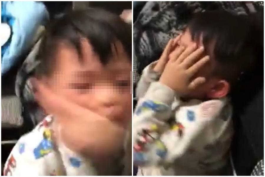 男童母親疑似孩子食物沒吃乾淨而施暴，男童遭連續掌摑，哭到恍惚失神。（翻攝畫面）