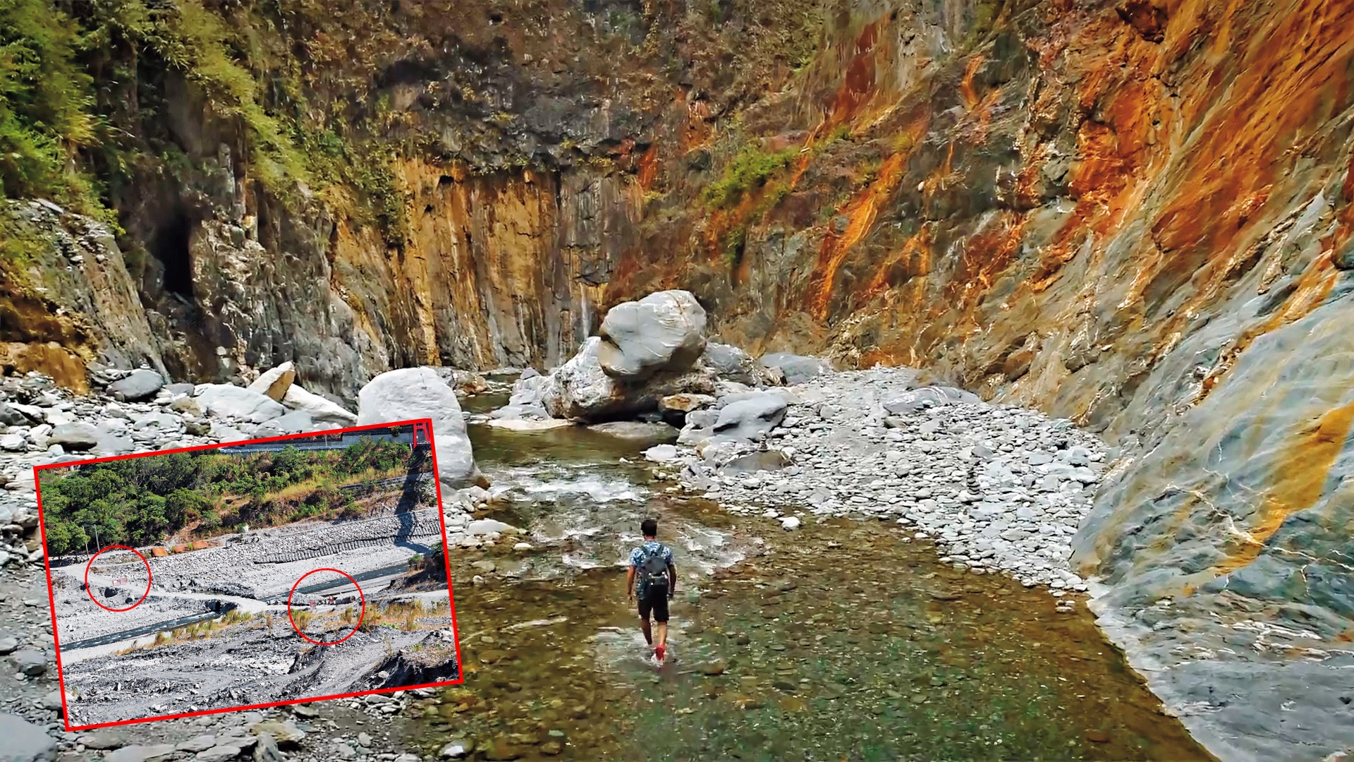 屏東霧台鄉深山中的哈尤溪溫泉以七彩岩壁聞名，絕景奪下網路力推的「全台第一野溪祕境」。（翻攝自屏東國際觀光影片）