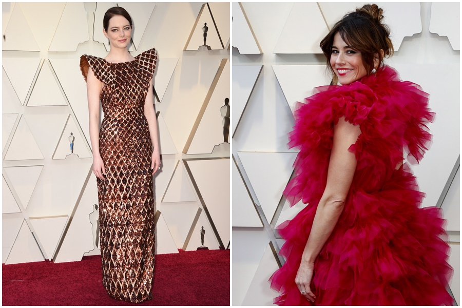 艾瑪史東身（左）穿「鬆餅裝」出席奧斯卡典禮，《幸福綠皮書》的琳達卡德琳妮的禮服則像極了洗車滾筒。（東方IC）