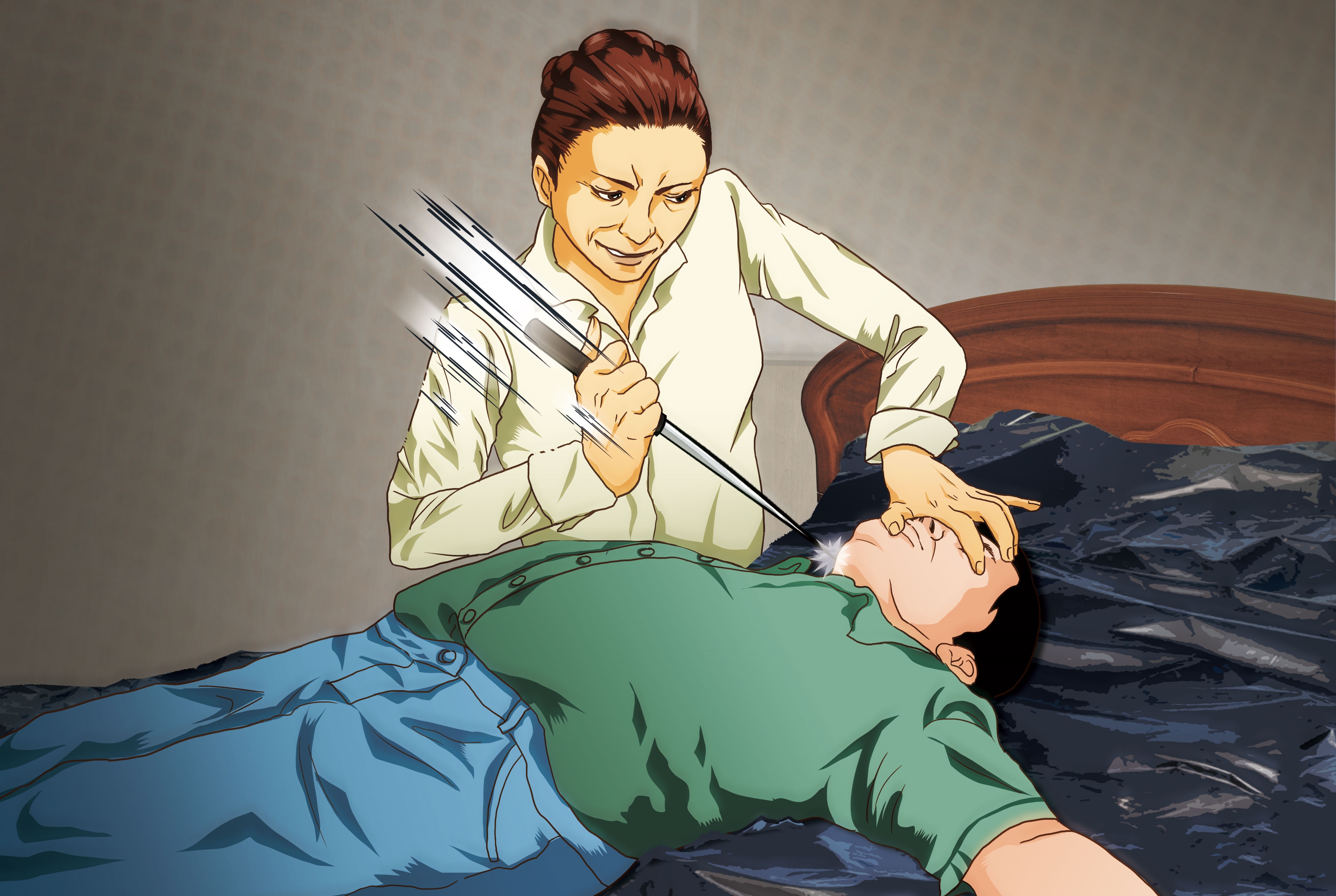 黃靖雯等男友昏迷後，便將他放在鋪了塑膠布的床上，利刃封喉，殺害藍坤俞。