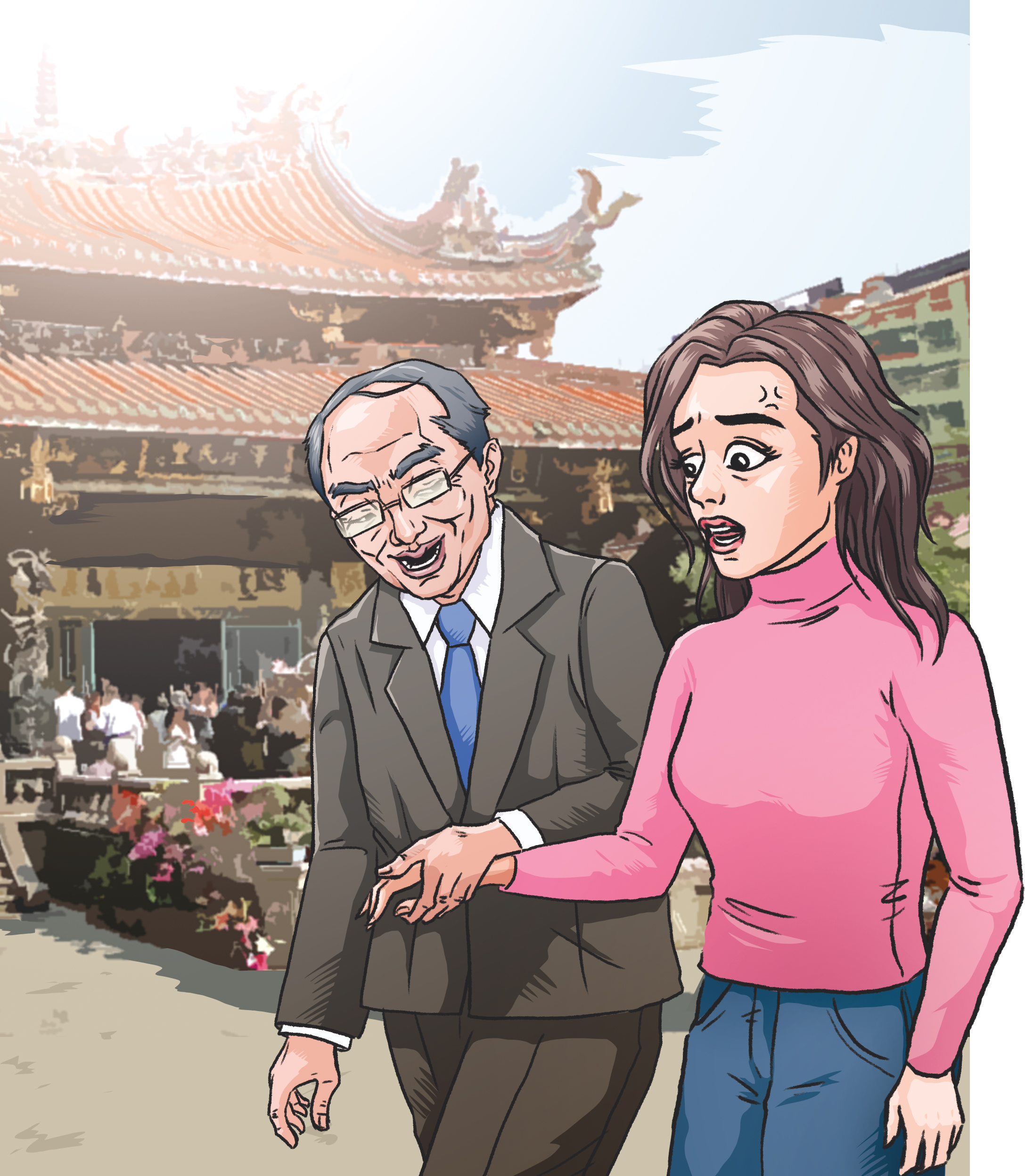 去年2月23日鄭世曜以正妹黨工犯太歲為由,開車載她到台北市龍山寺安太歲,當時就曾試圖牽女方的手,卻遭甩開。